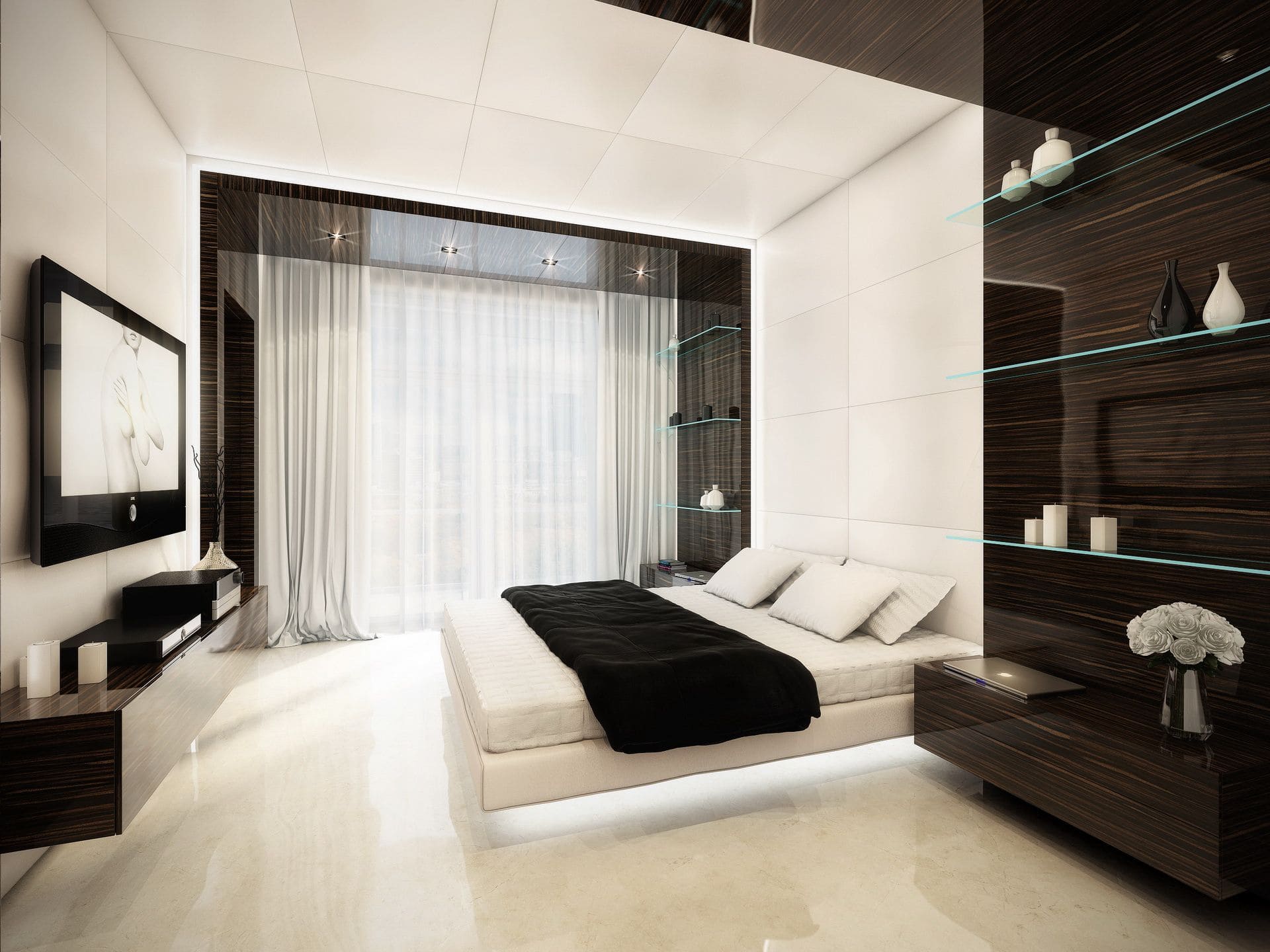 Фото красивых современных квартир. Стиль хайтек в интерьере спальни. Спальня в белых тонах хайтек. Спальня белая в стиле хайтек. Спальнаяв современном стиле.