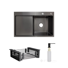 кухонная мойка Lidz Handmade H7849BL 78х49 с дозатором + Lidz K01B корзина, слева, blackPVD (LDH7849BLPVD4362447530)