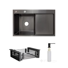 кухонная мойка Lidz Handmade H7849BR 78х49 с дозатором + Lidz K01B корзина, справа, blackPVD (LDH7849BRPVD4362547531)