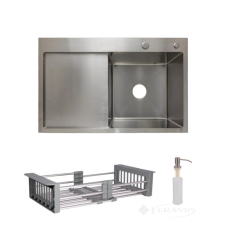 кухонная мойка Lidz Handmade H7849L 78х49 с дозатором + Lidz K01G корзина, слева, сталь (LDH7849BRUL4559247523)
