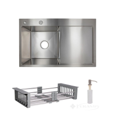 кухонная мойка Lidz Handmade H7849R 78х49 с дозатором + Lidz K01G корзина, справа, сталь (LDH7849BRUR4559147524)