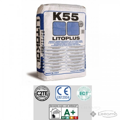 Клей для плитки Litokol Litoplus К55 цементная основа, белый 25 кг (K550025)