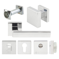 Комплект Azzi fausto Quadra для входной двери (ручка,кноб,накладка под цилиндр,накладка в-ж,броненакладка,глаз) хром мат