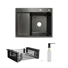 кухонная мойка Lidz Handmade H6350BL 63х50 с дозатором + Lidz K01B корзина, слева, blackPVD (LDH6350BLPVD4558947528)