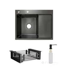 кухонная мойка Lidz Handmade H6350BR 63х50 с дозатором + Lidz K01B корзина, справа, blackPVD (LDH6350BRPVD4559047529)