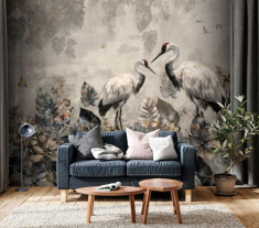 фотошпалери Photowall пара журавлів стоїть у полі листя, м2