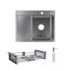 кухонная мойка Lidz Handmade H6350L 63х50 с дозатором + Lidz K01G корзина, слева, сталь (LDH6350BRUL4558847521)