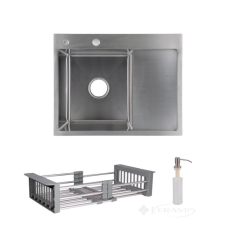 кухонная мойка Lidz Handmade H6350R 63х50 с дозатором + Lidz K01G корзина, справа, сталь (LDH6350BRUR4558747522)